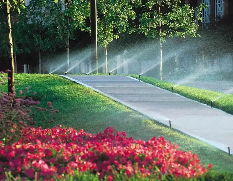 Irrigation sprinklers running over a lush green lawn and flower beds