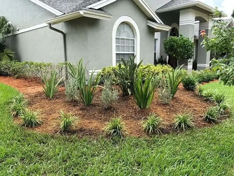 Residential Florida landscaping with fresh mulch beds and new plantings
